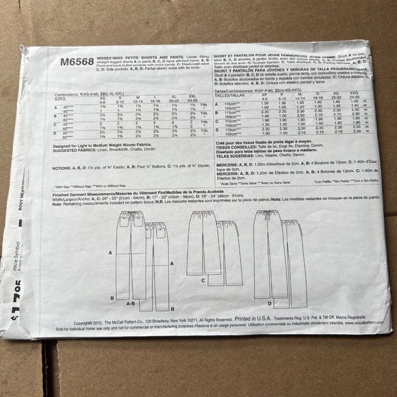 McCall's Sewing Pattern Pants Shorts Loose Fitting Pull On 6568 Sizes XS S M - Picture 3 of 4